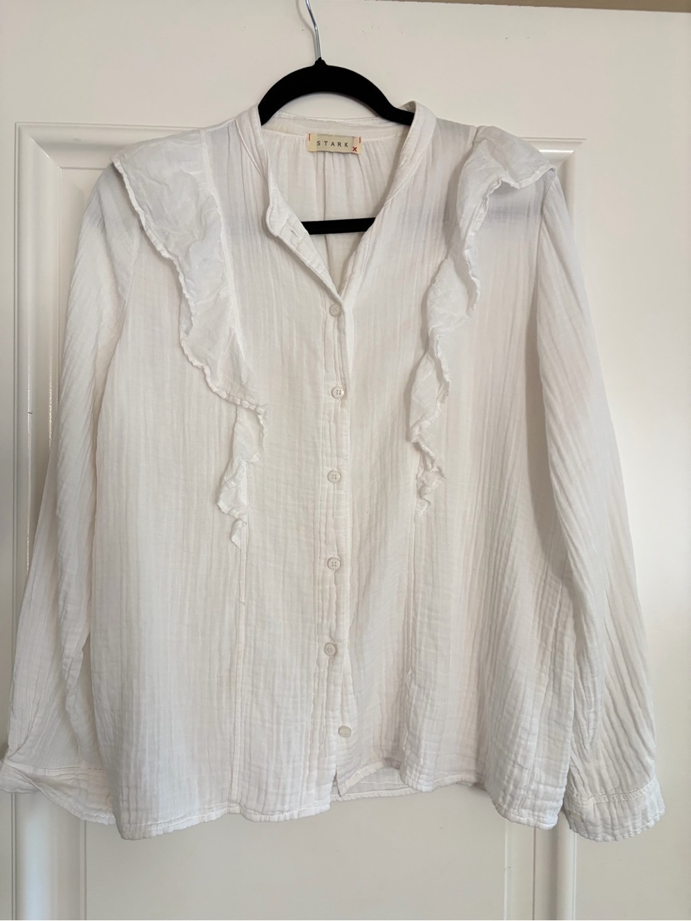 Stark White Ruffle-Trim Button-Down Blouse